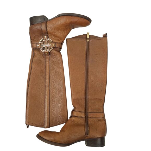 Tory Burch Amanda Tall Riding Boots READ Brown Leather Size 6.5 Side Zip Logo - Picture 15 of 15